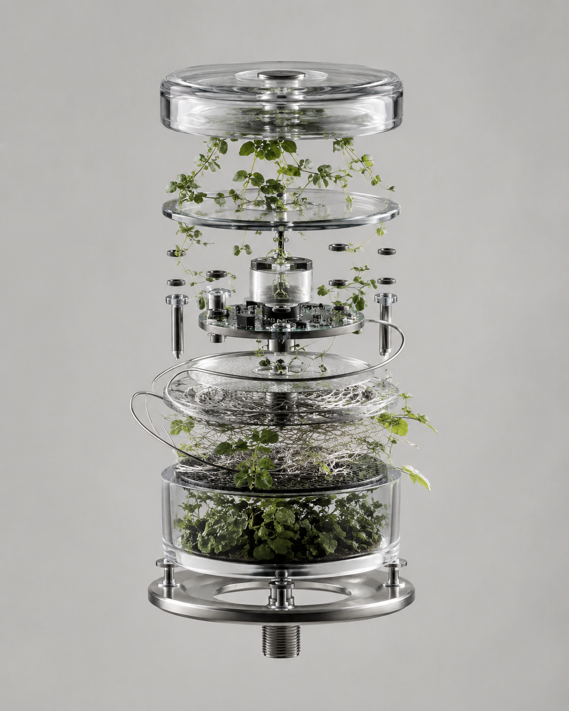 Exploded industrial sensor with living plants